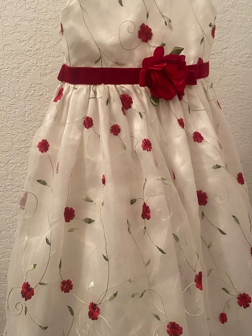 Ivory Formal Dress with Red Floral Embroidery and Red Velvet Flower Belt